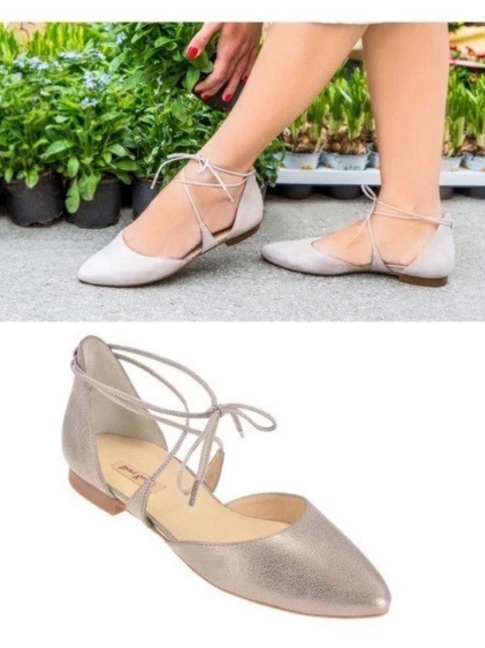 Paul Green D’Orsay Metallic Leather Pointed Ballet Flat w Ankle Ties. Silver.